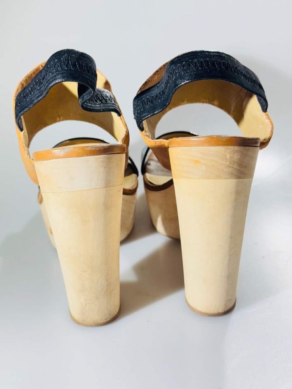 LEVITY Leather & Patent Platform Sandals With Elastic Strap & Wooden Block Heels - Picture 11 of 11